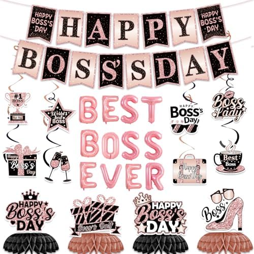 Boss Day Party Decorations,Include Banner,Hanging Swirls Foil Balloon and Honeycomb Centerpieces for Rose&Gold Best Boss Ever Party Office Decorations Supplise. by Unknown