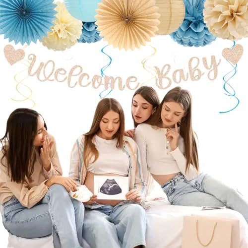 Light-Dusty Blue Beige-Champagne Baby-Shower Party-Decorations - 31pcs Welcome Home Banner Sign,Boy Paper Lanterns,Neutral Streamers Garland,Boho Tissue Pom Poms Flowers Fans Backdrop Decor Burgleda - Image 6