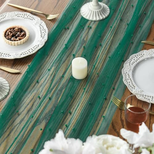 Artoid Mode Pearl Dark Green Gauze Table Runner 10FT Home Decor - Image 4