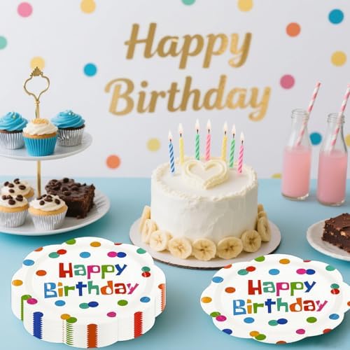 50 PCS Happy Birthday Paper Plates 7inch, Colorful Polka Dot Disposable Scalloped Cake Dessert Plates Party Supplies for Birthday Party Decorations - Image 6