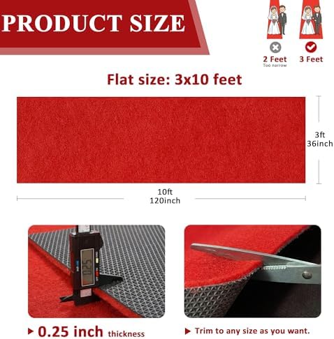 Extra Thick Red Carpet Runner for Party, 3ft x 10ft Red Runner Rug - Image 2