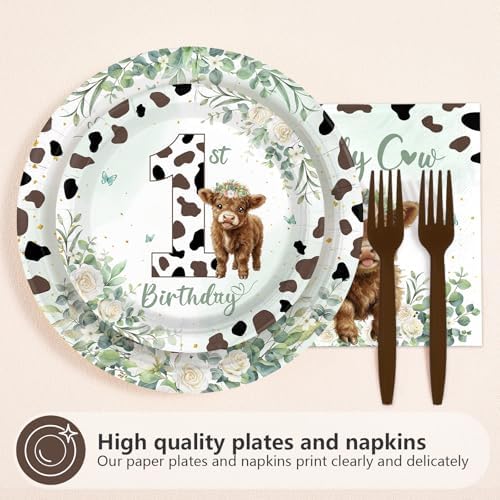 96Pcs Sage Green Highland Cow 1st Birthday Party Supplies Serves 24 - Image 7