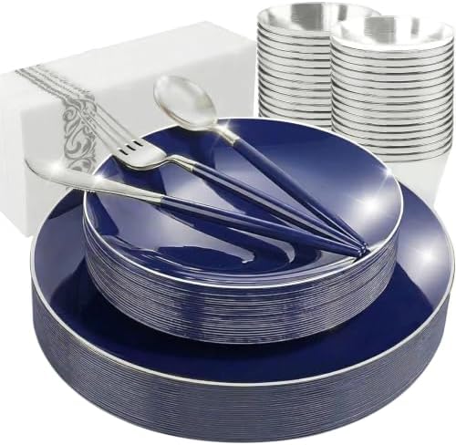 KIRE 175Pcs Blue Plastic Plates with Silver Rim & Disposable Silverware with Blue Handle & Silver-rim Cups & Hand Napkin & Plastic Dinnerware for Parties/Wedding/Hanukkah/Christmas by KIRE