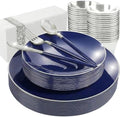 KIRE 175Pcs Blue Plastic Plates with Silver Rim & Disposable Silverware with Blue Handle & Silver-rim Cups & Hand Napkin & Plastic Dinnerware for Parties/Wedding/Hanukkah/Christmas by KIRE