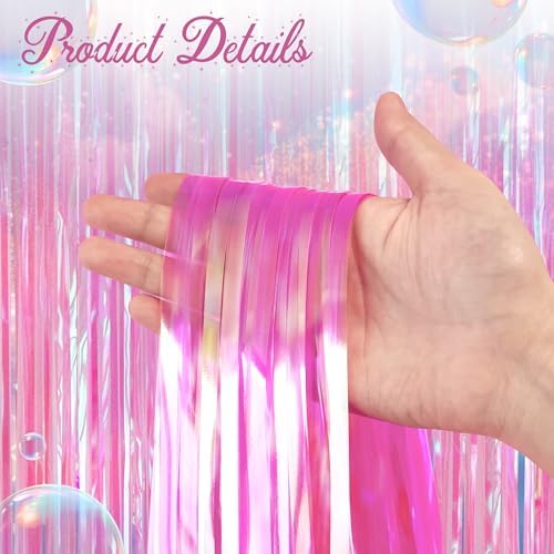 2 Pack Hot Pink Iridescent Streamers Backdrop, 3.3x6.6ft Foil Fringe Curtains Holographic Door Tinsel Streamers Photo Booth Prop for Birthday, Wedding, Holiday, Bachelorette, Theme Party Decorations - Image 4