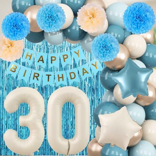 Dusty Blue 30th Birthday Party Decorations Men Beige Number 30 Balloon - Image 5