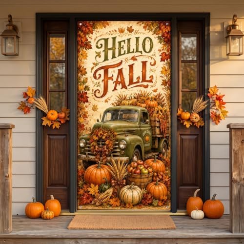 Hello Fall Door Banner 35 x 71 Inch Autumn Front Door Hanging Cover with Green Farm Truck Pumpkins Sunflower Maple Leaves Backdrop Design for Indoor Outdoor Farm Harvest Thanksgiving Party Supplies by Unknown