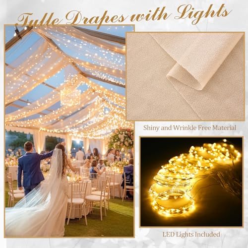 12 Panels Deep Champagne Ceiling Curtains with Lights for Weddings - 5ftx30ft Wrinkle-Free Tulle Fabric Wedding Arch Draping Ceiling Drapes Decorations for Wedding Party Ceremony Stage Tent Event - Image 3
