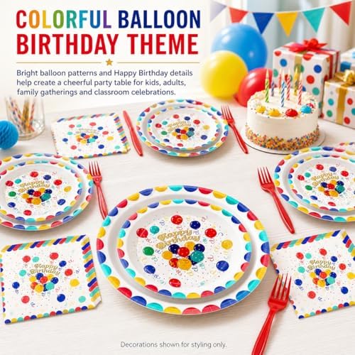 Birthday Party Supplies for 24 Guests – 96-Piece Disposable Party Tableware Set with Plates, Birthday Plates and Napkins, Forks, Colorful Balloons Party Supplies, Heavy Duty for Kids & Adults - Image 3