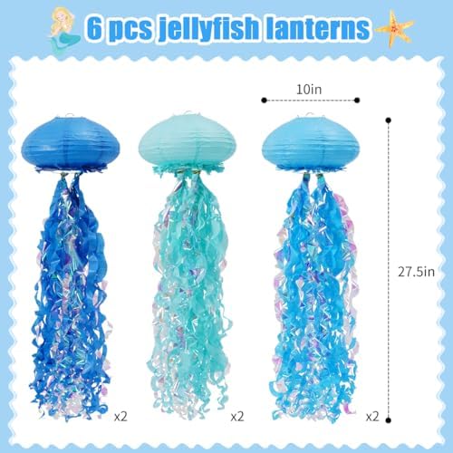 Jellyfish Paper Lanterns Mermaid Birthday Decorations Pack of 6 - Image 2