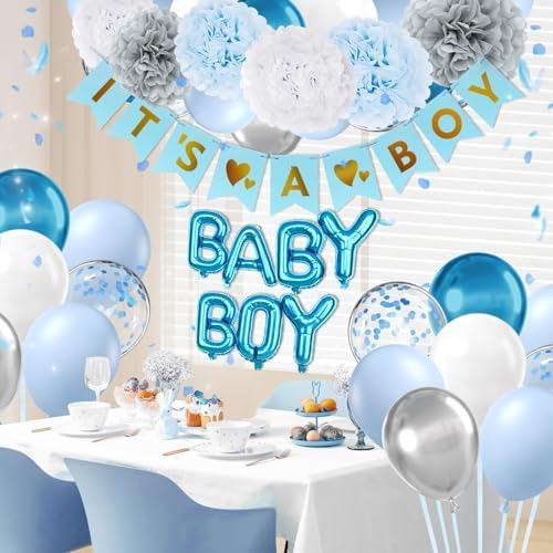 Vicduotex Blue Baby Shower Decorations with Grey Paper Pom Poms - Image 6