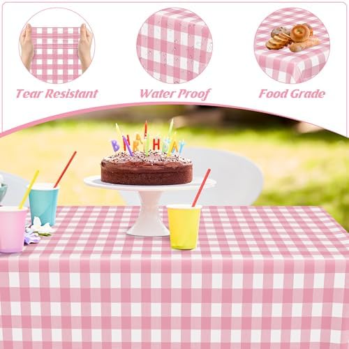 12Pack Table Cloth Rectangle Table, 54" x 108" Plastic Table Cloth Disposable, Waterproof Pink and White Checkered Table Cover for Outdoor Picnic Birthday Party Supplies Gathering BBQ Holiday Dinner - Image 3