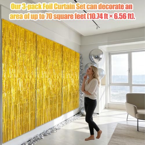 3 Pack 3.28ft x 6.56ft Gold Metallic Tinsel Foil Fringe Curtains, Photo Booth Backdrop Party Decorations for Birthday Wedding Baby Shower Graduation Bachelorette New Years - Image 3