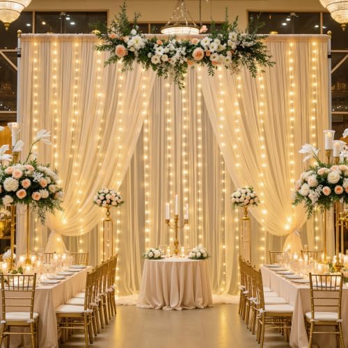 Champagne Backdrop Curtains with Lights String for Wedding Parties 10×10ft Sheer Tulle Backdrop Curtain for Bridal Shower Baby Shower Birthday Party Photo Shoot Decorations 2 Panels 5×10ft - Image 4