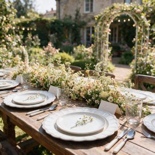 White Antique Charger Plates,13 Inch Metallic Chargers for Dinner Plates, Bead Rim Plastic Chargers For Dining, Wedding, Party,Shower. 6 Pack Decorative Holiday Tabletop Decor - Image 3