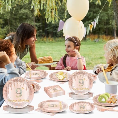 96 Pcs Rose Gold 9th Birthday Party Plates and Napkins for Girls Rose Gold Party Supplies Pink Happy 9 Years Birthday Party Tableware Set for 24 Guests Party Decorations - Image 6