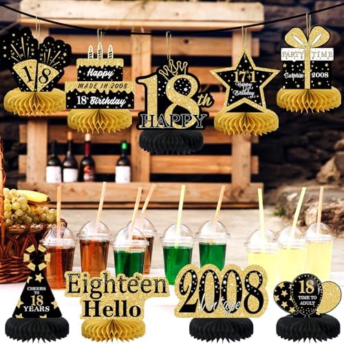 9Pcs Black Gold 18th Birthday Decorations Honeycomb Centerpieces for Boys Girls,Happy 18th Birthday Centerpieces Tables Toppers Party Decorations Supplies,Vintage 2008 Aged Table Sign Decor - Image 5