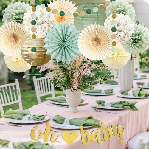 Sage Green Baby Shower Decorations Oh Baby Banner Tissue Paper Pom Poms Flowers Paper Fans Circle Dot Garland Neutral Party Supplies Boy Girl Gender Reveal Birthday Party Decorations - Image 5
