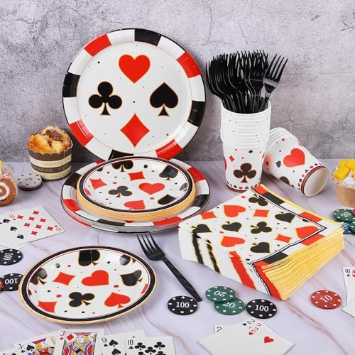 durony 144 Pieces Casino Paper Plates and Napkins Dinnerware Set Casino Birthday Party Tableware Supplies Includes Poker Club Paper Plates Napkins Forks Serve 24 for Casino Party Supplies - Image 5