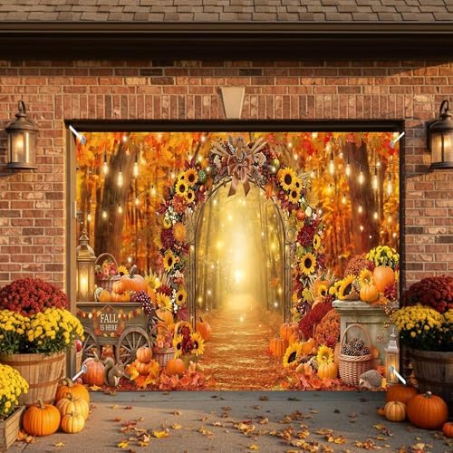 Fall Garage Door Cover 8x6ft Pumpkin Sunflower Arch Thanksgiving Decor - Image 6