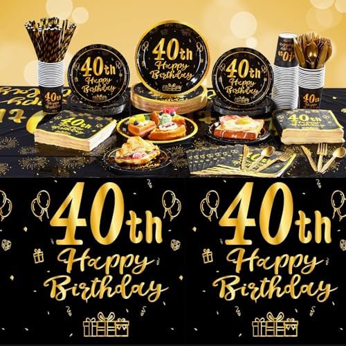 Funnymoom 452 Pcs 40th Birthday Party Decorations Set for Men Women, Black and Gold Happy 40th Birthday Paper Plates Napkins Cups Tablecloth Cutlery Straws for Cheers to 40 Years Anniversary Party - Image 6