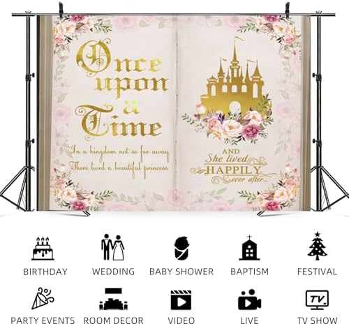 5x3ft Once Upon a Time Backdrop Pink Flower Gold Castle Photography Background Fairy Tale Books Floral Princess Girls Birthday Banner Decorations Fairytale Wedding Portrait Photo Booth Prop - Image 5