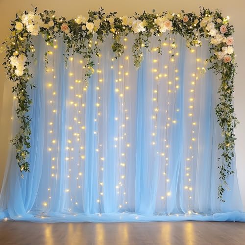 Tulle Backdrop Curtain with Lights Baby Blue 10x8ft Sheer Curtain Backdrop by Fomcet