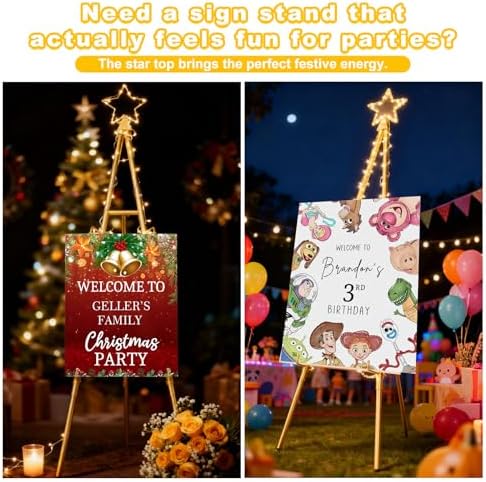 Interchangeable Bow & Star Top Gold Easel Stand for Sign, 62"–47" Height Adjustable Heavy Duty Wedding Easel Stand with 3 Display Modes — Perfect for Welcome Signs, Christmas Decor, Parties & Events - Image 4