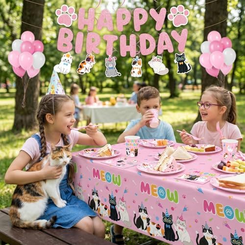 206pcs Pink Cat Birthday Decorations Plates Tableware Serves 24, Cat Party SuppliesPlates Napkins Cups Set Banner Balloons Tableware Cake Topper for Cat Girl Party Supplies - Image 2