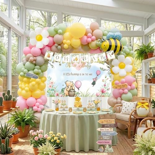 Winnie Balloon Arch Kit with Arrow Signs Banner backdrop Bee daisy Balloon for Classic Bear theme Decorations pink and Yellow Balloons for Honeycomb Bear Birthday Decorations girl Baby Shower supplies by KozeeBalloons%E2%80%94%E2%80%94ColorMatters