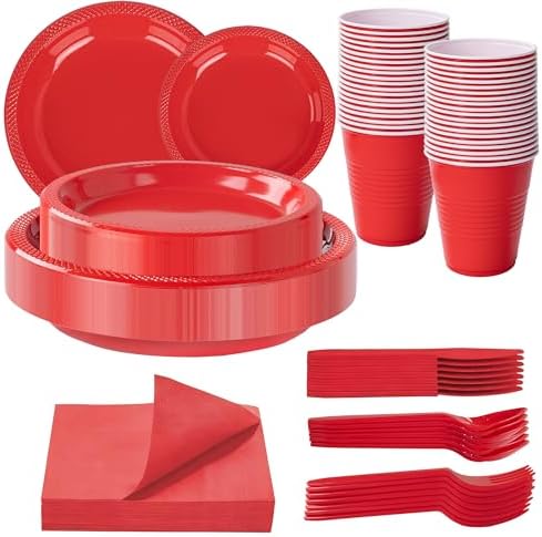 WELLIFE 210Pcs Red Plastic Plates,Party Plates and Cups and Napkins Sets by WELLIFE