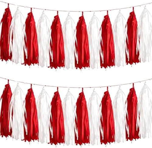 We Moment Red and White Tassel Garland，Tissue Tassel Banner for Black Red Birthday Party Decorations,Pack of 20 by We+Moment