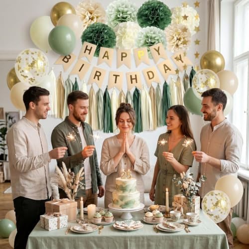 ANSOMO Sage Green Happy Birthday Party Decorations Retro Green Nude Ivory Dark Olive Kraft Paper Banner Balloons Neutral Rustic Boho Blush Safari Botanical Greenery Wild Décor Supplies Women Adults - Image 2