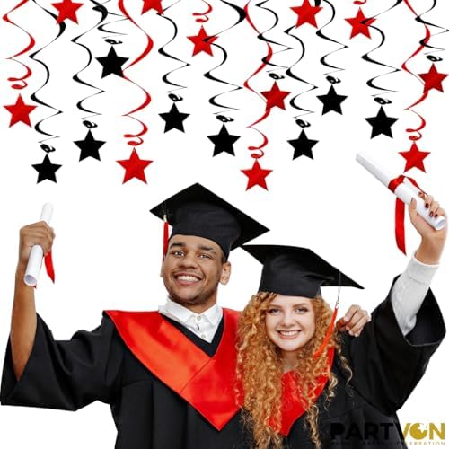 Red Black Hanging Swirl Decorations - 32 Pcs Metallic Ceiling Swirls with Foil Stars, Plastic Streamers for Graduation, Halloween, Casino Night, Birthday, Bachelorette Party Supplies - Image 2