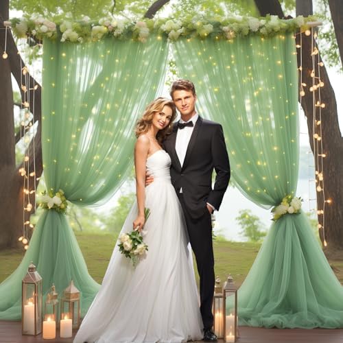 30x10ft Olive Green Tulle Backdrop Curtain with Lights String for Parites, Sheer Backdrop Curtains for Wedding Baby Shower Birthday Party Photo Shoot Decorations - Image 7