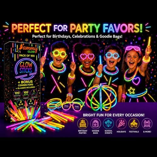 Ammy Glow Glow Sticks (205 Pcs Kit) Bulk Party Pack-100 Pack Glow Sticks with Connectors & Glasses- Party Favors for Kids 8-12- Neon Glow in The Dark Party Supplies for Birthdays & Events - Image 3