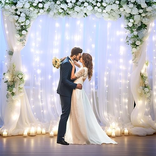 White Tulle Backdrop Curtain with Lights String for Parites 10×8ft Sheer Backdrop Curtains White Curtain Backdrop for Wedding Baby Shower Birthday Party Photo Shoot Decorations(2 Panels 10ft×8ft) - Image 3