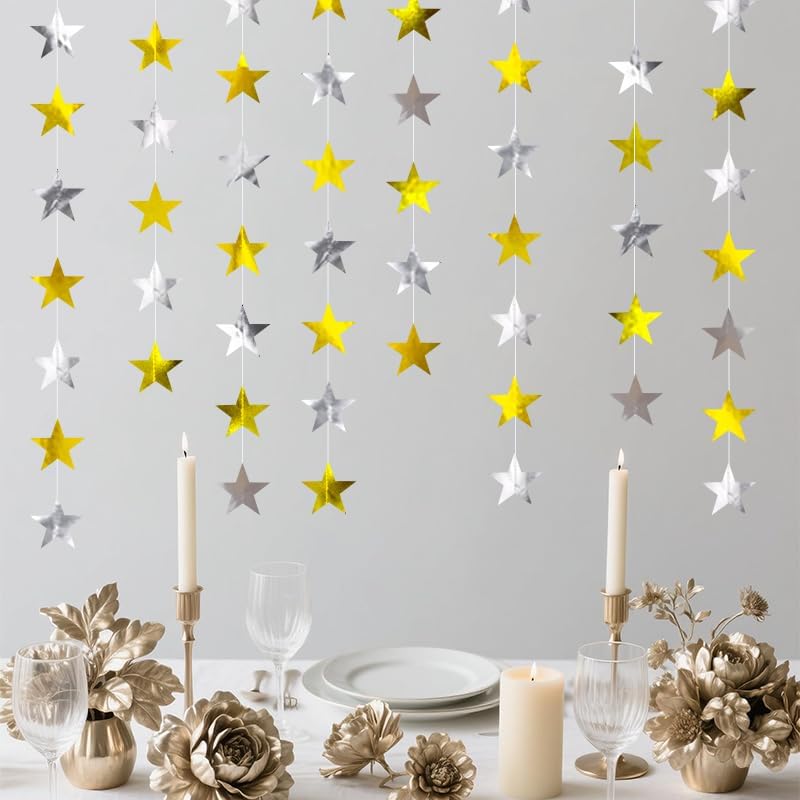 Gold Silver Shining Star Hanging Garland Gold and Silver Hanging Sparkling Star Streamer Glitter Bunting Banner Twinkle Backdrop for Wedding Baby Shower Birthday Christmas Decorations 40 Feet - Image 3