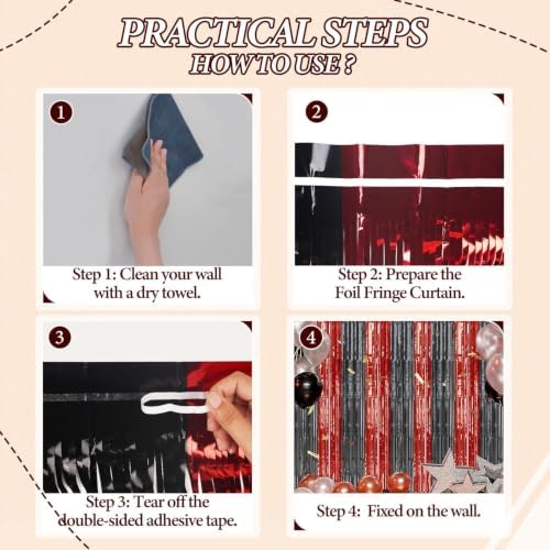 DECOCKRAT 3 Pack Foil Fringe Backdrop - Red&Black Shiny Tinsel Curtains for Party Decoration/Photo Booth Props - 3.3x8.2 FT Metallic Foil Backdrop for Birthday, Wedding, Graduation, Christmas. - Image 2