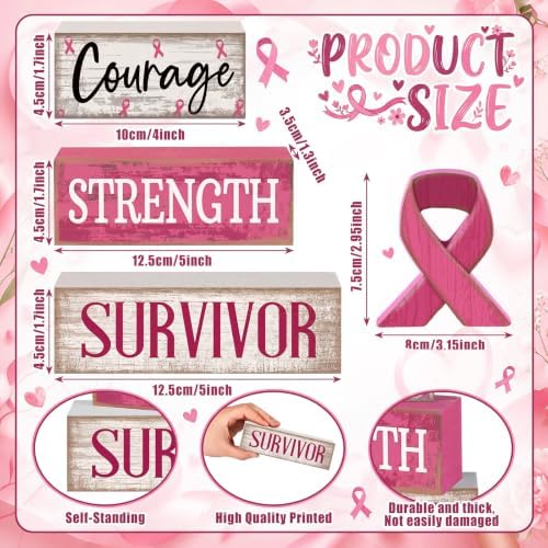 Moucuny 4 Pcs Breast Cancer Awareness Table Decoration Wooden Pink Ribbon - Image 3