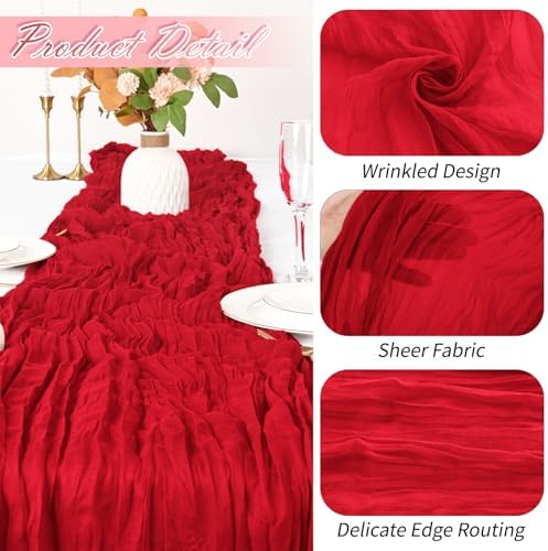 15 Pack Red Cheesecloth Table Runner 17 x 108 inch Cheese Cloth Table Runners 9ft Red Table Runner Rustic Romantic Sheer Gauze Runner for Wedding Party Baby Shower Table Decoration - Image 3