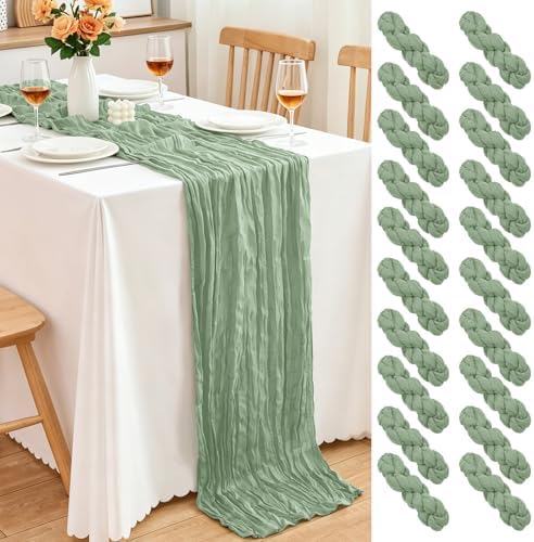 20 Pack Sage Green Cheesecloth Table Runner, 17x108 Inch Semi Sheer Boho Gauze Cheese Cloth Fabric Table Runners for Wedding Party Baby Shower Birthday Garden Farmhouse Table Decor by Yemosa