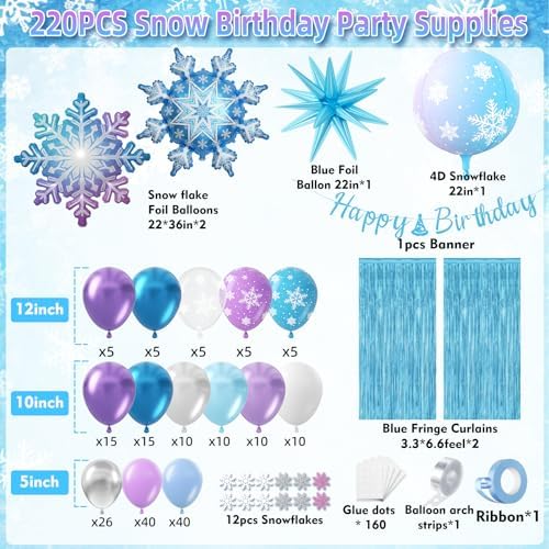 Frozen Balloon Arch Garland Kit 220pcs, Blue Purple White Balloons with Fringe Curtain Snowflake Balloons Birthday Banner for Winter Wonderland Baby Shower Snow Princess Birthday Party Decor - Image 2