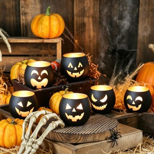 Halloween Table Decor Set of 6, Jack O Lanterns Black Glass Votive Tealight Candle Holders, Halloween Decorations Indoor Party Mantel Coffe Table Centerpiece Decor - Image 5