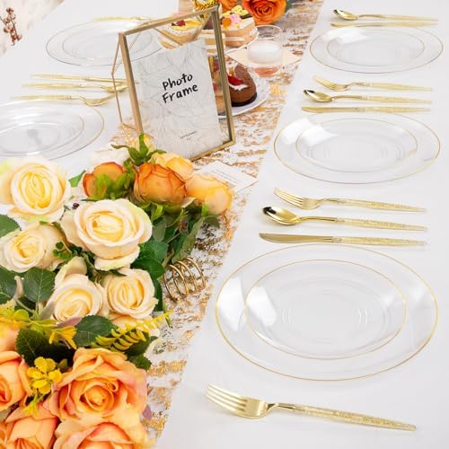 Liacere 150PCS Clear Gold Plastic Plates - Gold Plastic Silverware with Glitter Handle - Clear Disposable Plates Include 30 Guests Plates, Forks, Spoons, Knives for Wedding&Thanksgiving&Fall Party - Image 2
