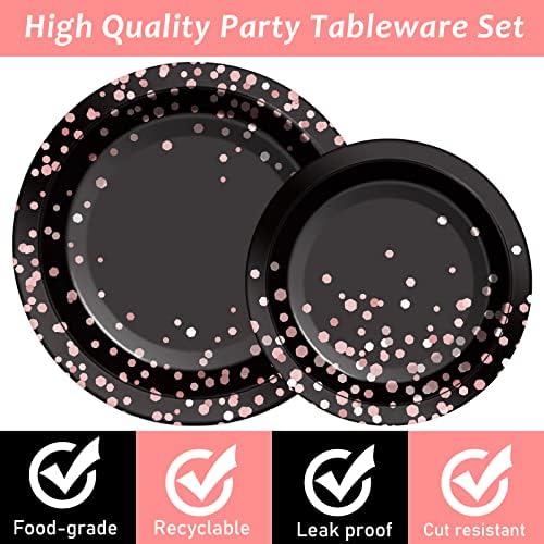 96PCS Black and Rose Gold Party Supplies Rose Gold Paper Plates Napkins Women Birthday Decorations Party Tableware Set Black Disposable Paper Plates Table Decors for Wedding Bridal Shower Serve 24 - Image 3