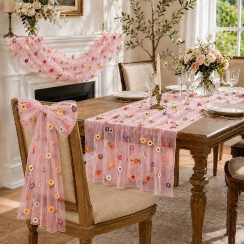 4 Pcs Flower Table Runner 29x72 Inch Pink Daisy Floral Tulle Decor - Image 6