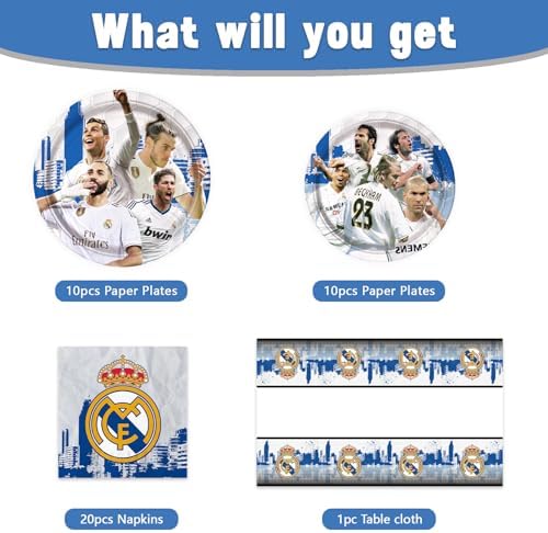 41Packs Real Madrid Birthday Decorations Include 20 Plates, 20 Napkins and 1 Tablecover for Real Madrid Birthday Party Supplies - Image 2