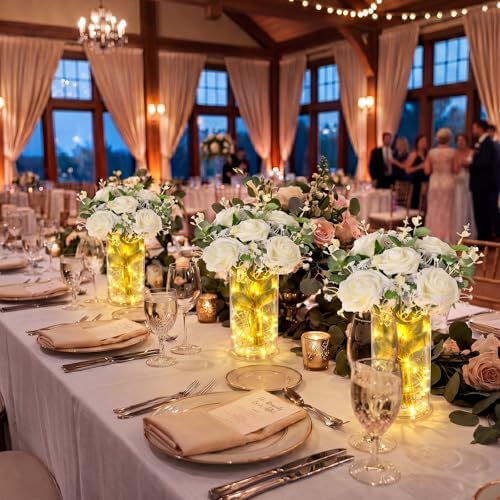 Domensi Set of 6 LED Lighted Floral Table Centerpieces, Faux Roses, Eucalyptus & Baby's Breath in Acrylic Vase, Glowing Rustic Wedding Decor for Bridal Shower, Party & Dining Table(White) - Image 4