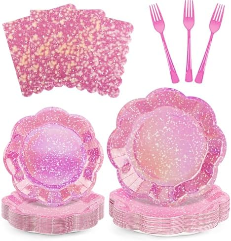 100Pcs Hot Pink Paper Plates and Napkins Party Supplies,Iridescent Disposable 9inch Plates,7inch Dessert Plates and Napkins and Forks,Holographic Tableware for Birthday Wedding Anniversaries,Serves 25 by CENLBJ
